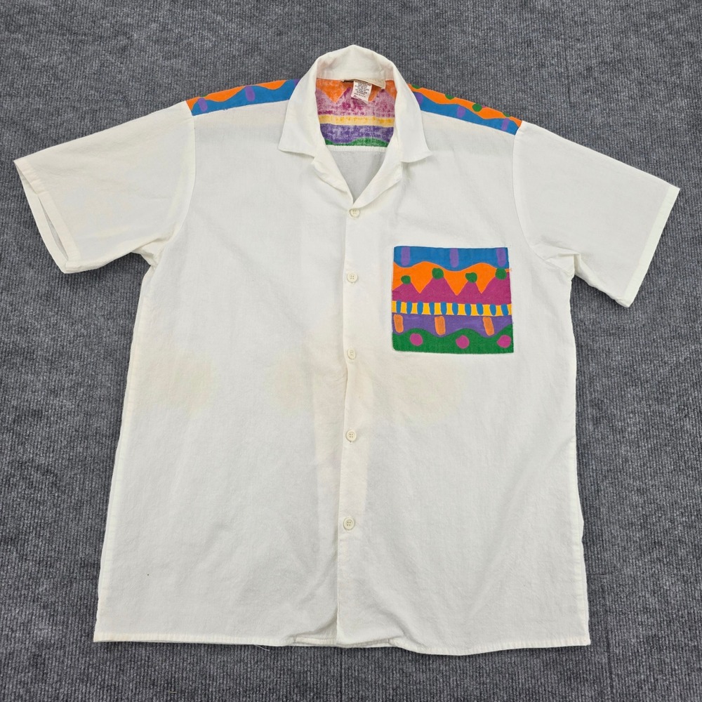 Vintage St. Johns White Cotton Abstract Geometric Hand Painted Button Up Shirt M